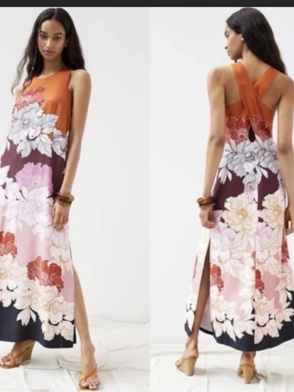 Anthropologie Maeve Floral Twist Back Maxi Dress - Orange Multi Colorblock - XS - Picture 2 of 10